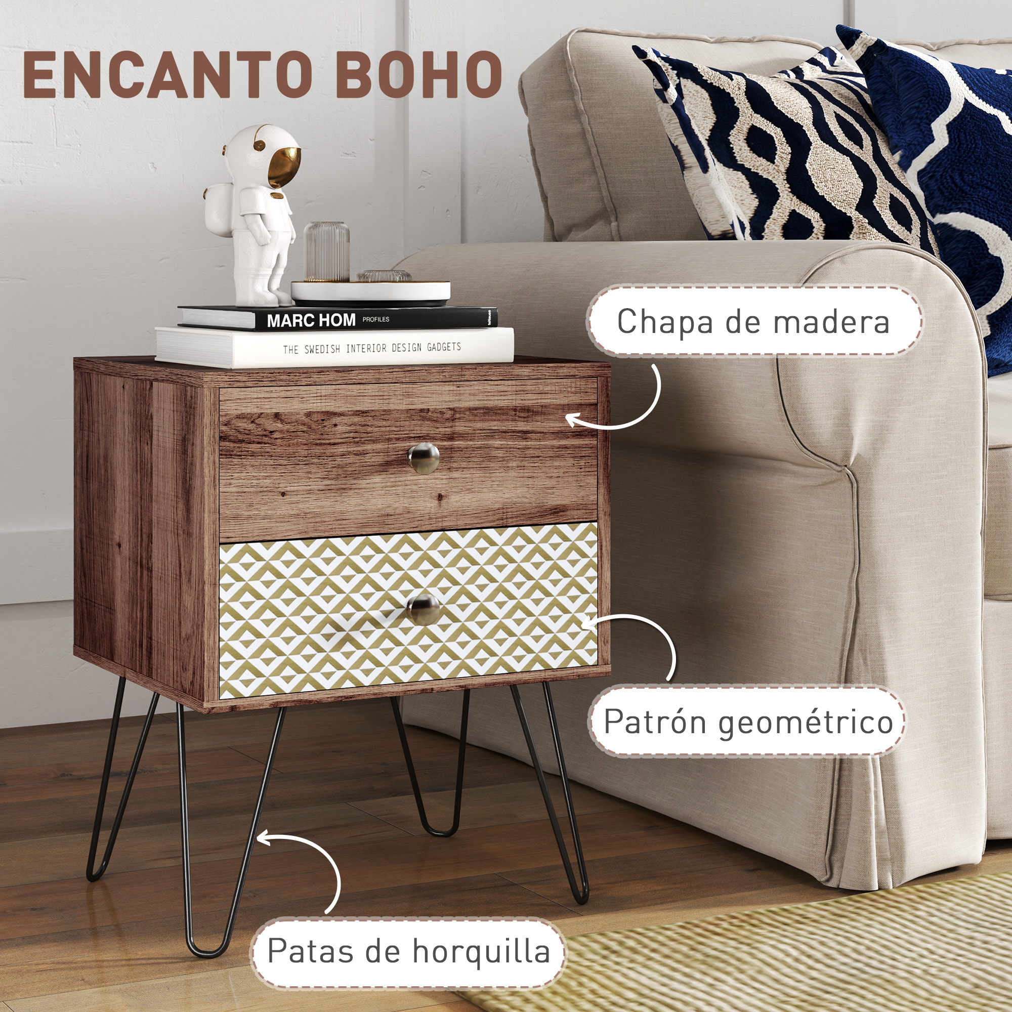 Mesita de Noche con 2 Cajones Mesilla de Noche con Patas de Acero Estilo Bohemio Mesa de Noche para Dormitorio Salón 45x39x55,5 cm Marrón