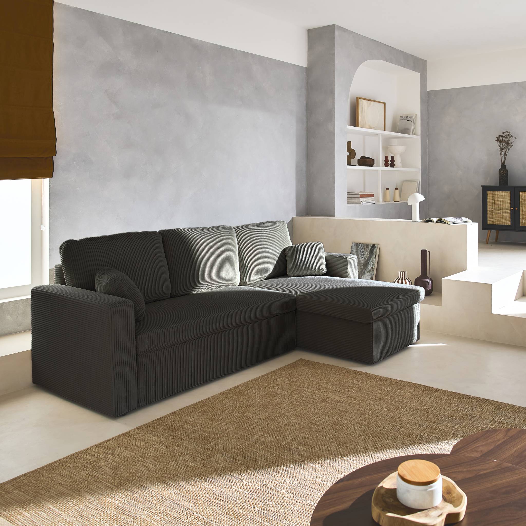 Canapé d'angle convertible réversible 3 places velours côtelé grosse côte IDA