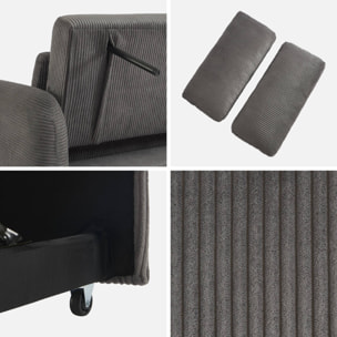 Canapé convertible arrondi 2 places velours côtelé gris foncé L 168 x P 90 x H 88cm - Lino