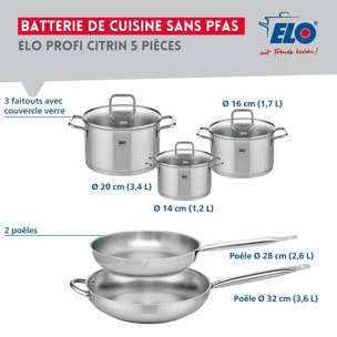 Ensemble de 2 Poêles de cuisson 28 et 32 cm et 3 faitouts 14, 16 et 20 cm Elo Profi Citrin
