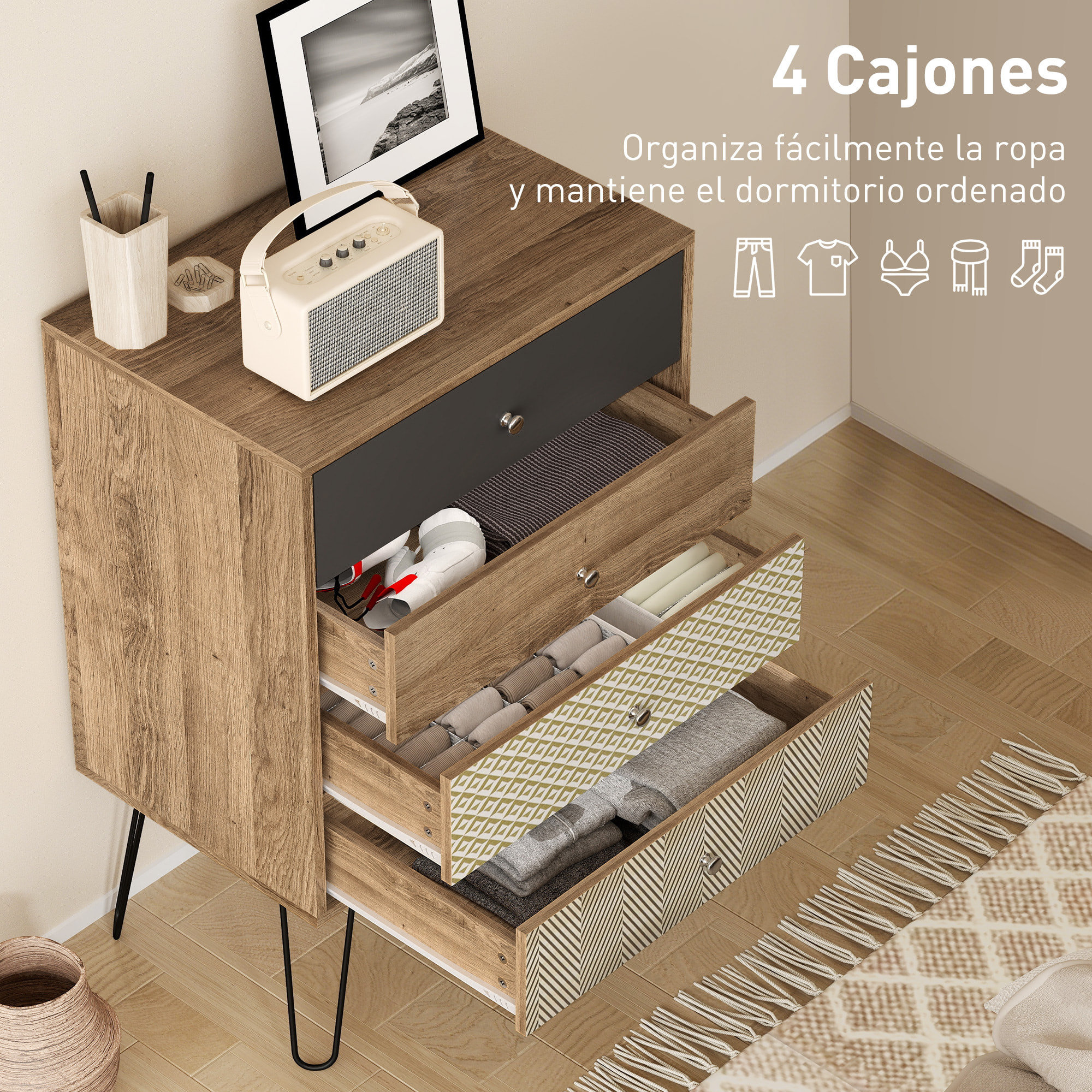 Cómoda 4 Cajones, Cómoda Dormitorio, con Patas de Horquilla de Acero, Cajonera para Salón, Oficina, Estilo Bohemio, 60x39x86 cm, Multicolor