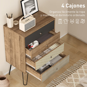 Cómoda 4 Cajones, Cómoda Dormitorio, con Patas de Horquilla de Acero, Cajonera para Salón, Oficina, Estilo Bohemio, 60x39x86 cm, Multicolor