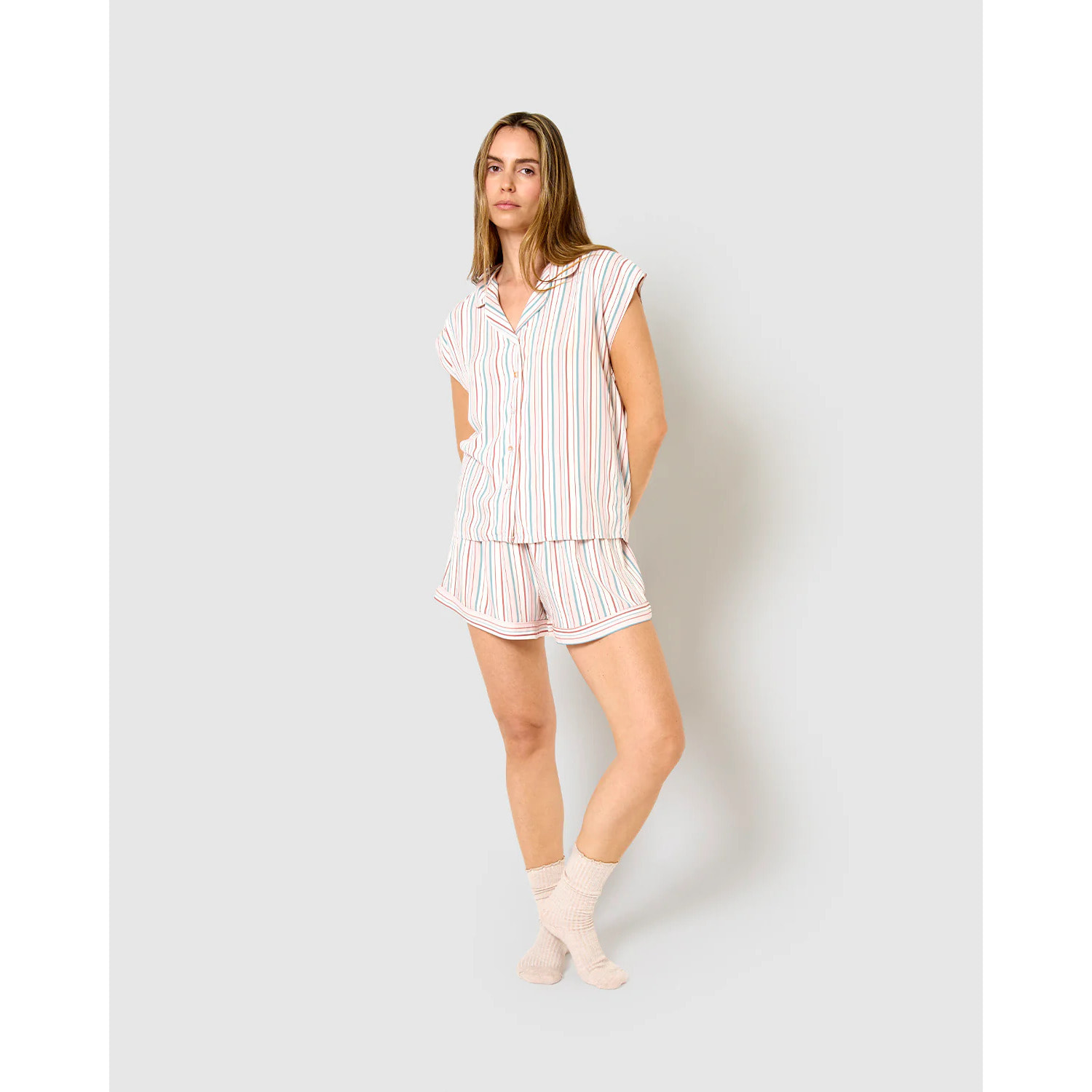 Pigiama corto a camicia in viscosa a righe rosa serene