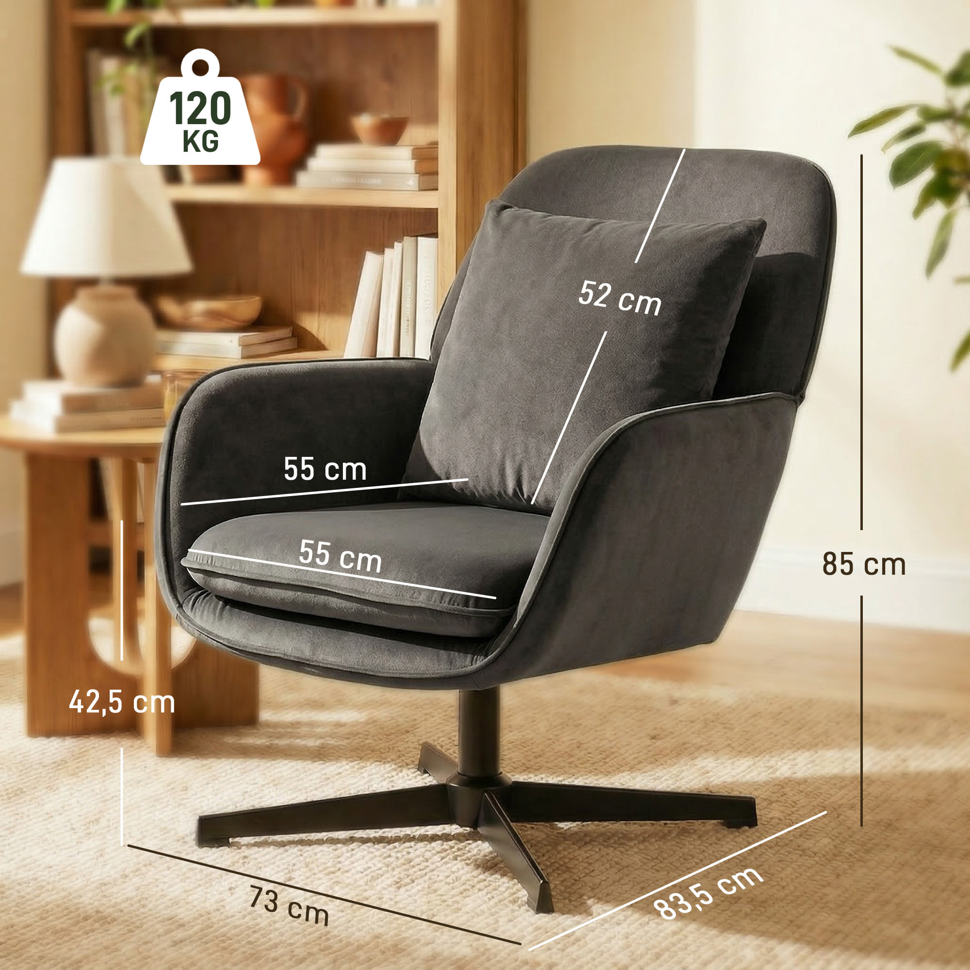 Fauteuil lounge design pivotant acier noir velours anthracite