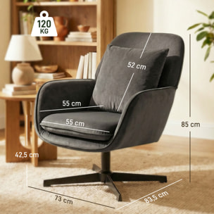 Fauteuil lounge design pivotant acier noir velours anthracite