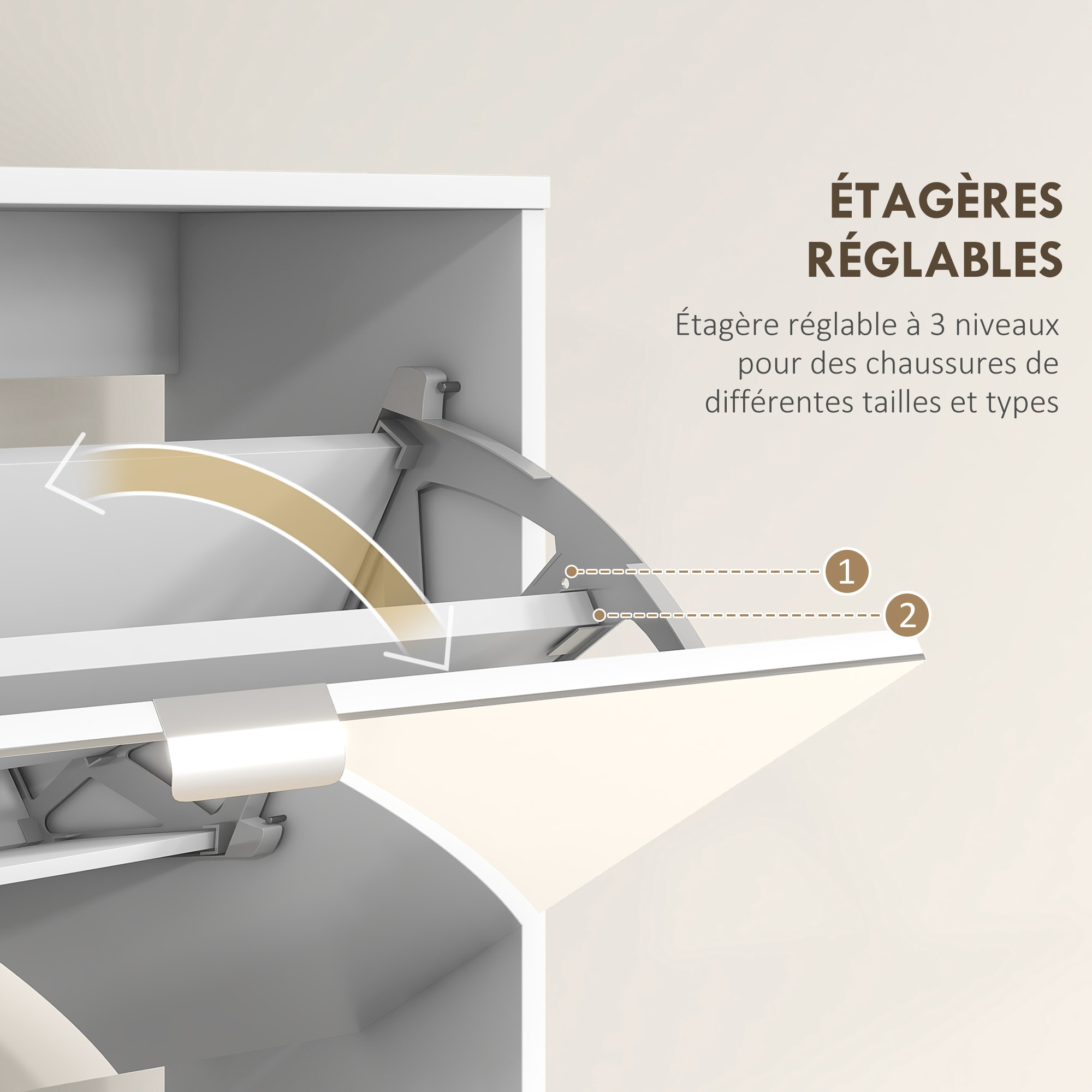 Meuble à chaussures grand miroir 2 en 1 - 4 portes abattantes, étagères réglables - blanc verre