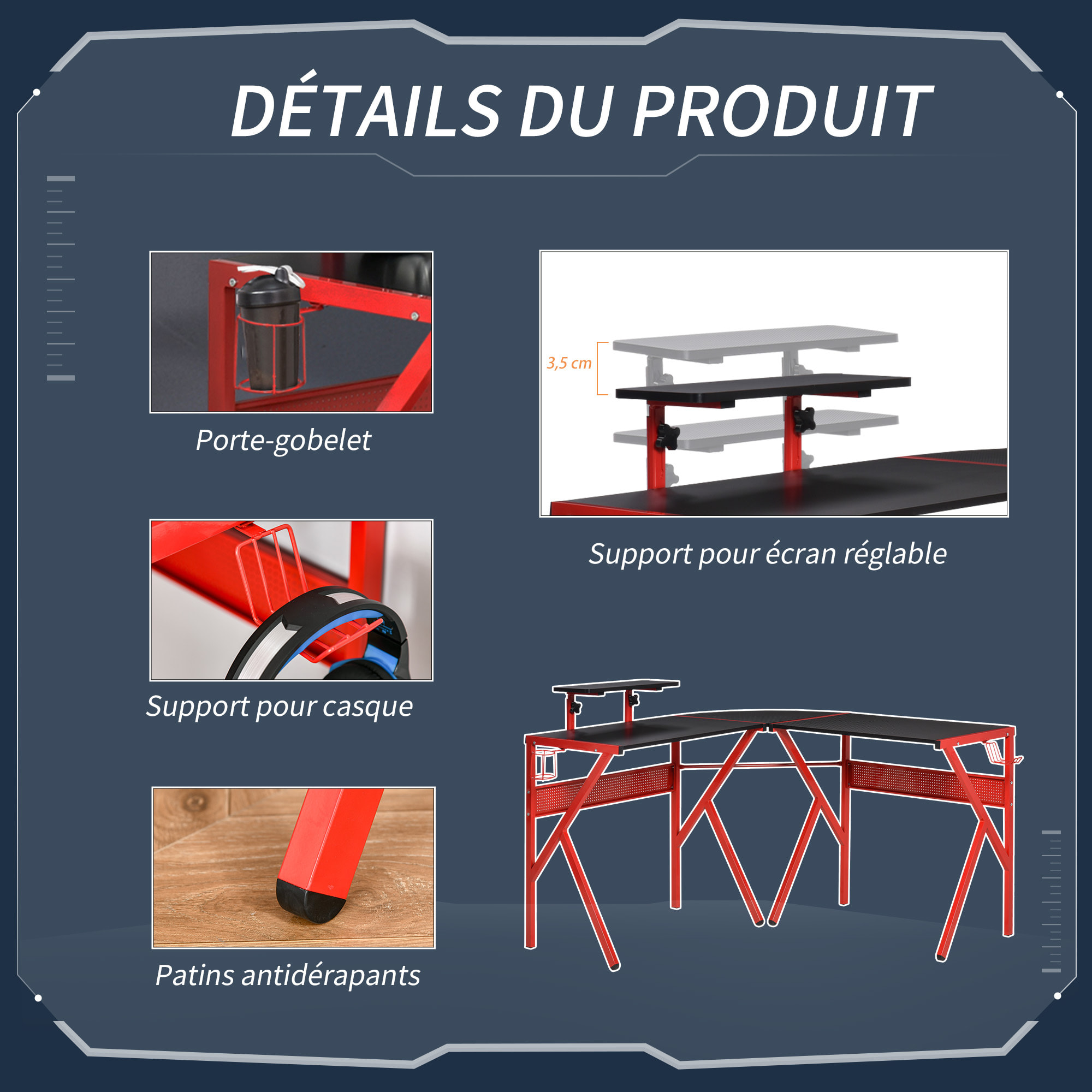 Bureau gaming d'angle bureau gamer bureau informatique bracket casque porte-gobelet étagère écran réglable métal panneaux texture carbone noir rouge