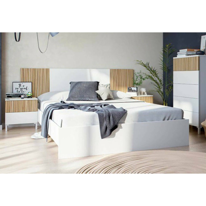 Testiera letto Unala, Spalliera, Testata per camera da letto, Poggiatesta, 216x3 h50 cm, Bianco e Rovere