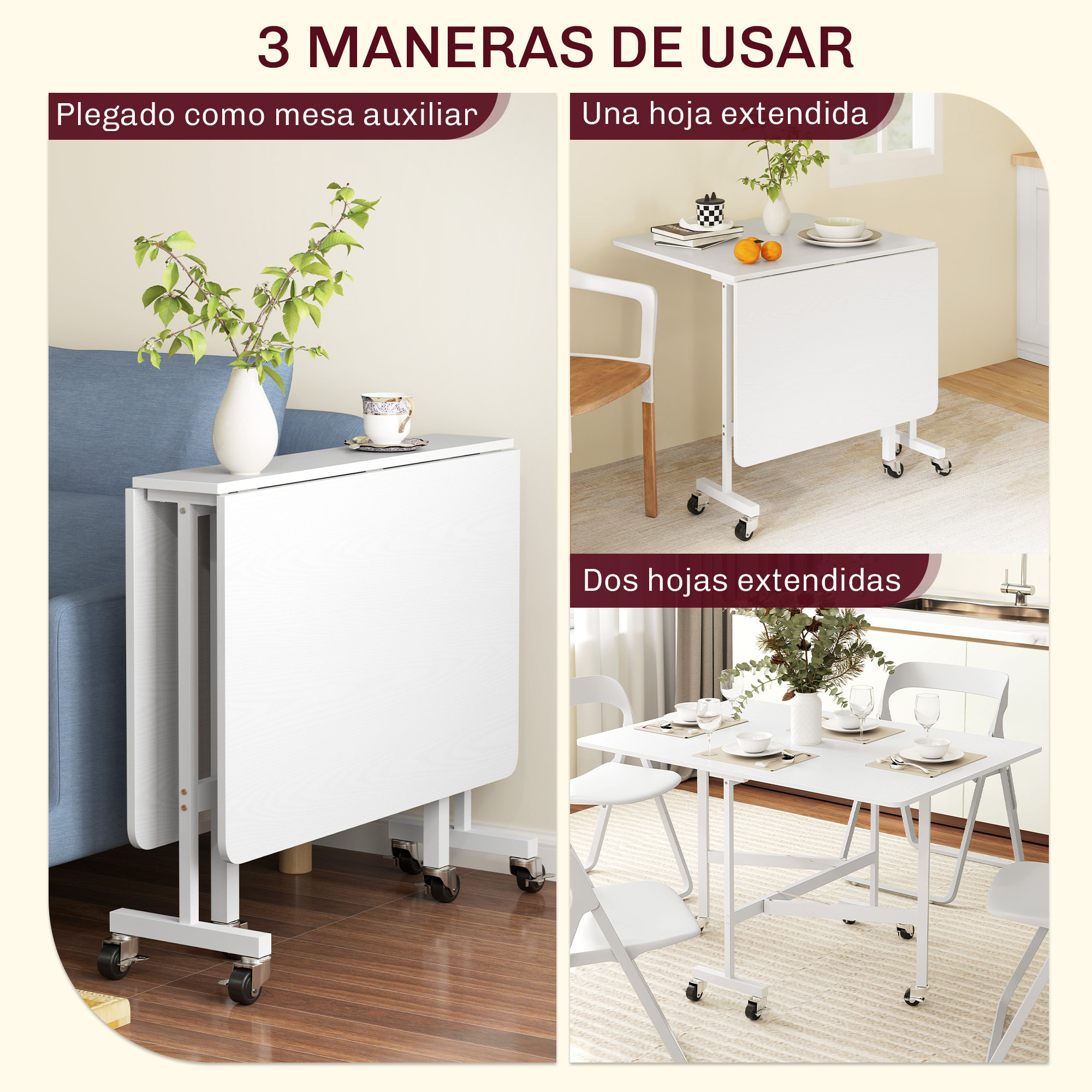 Mesa Plegable de Comedor para 4-6 Personas Mesa de Comedor Plegable con Ruedas y Alas Abatibles Mesa Abatible para Cocina Salón 120x80x73 cm Blanco