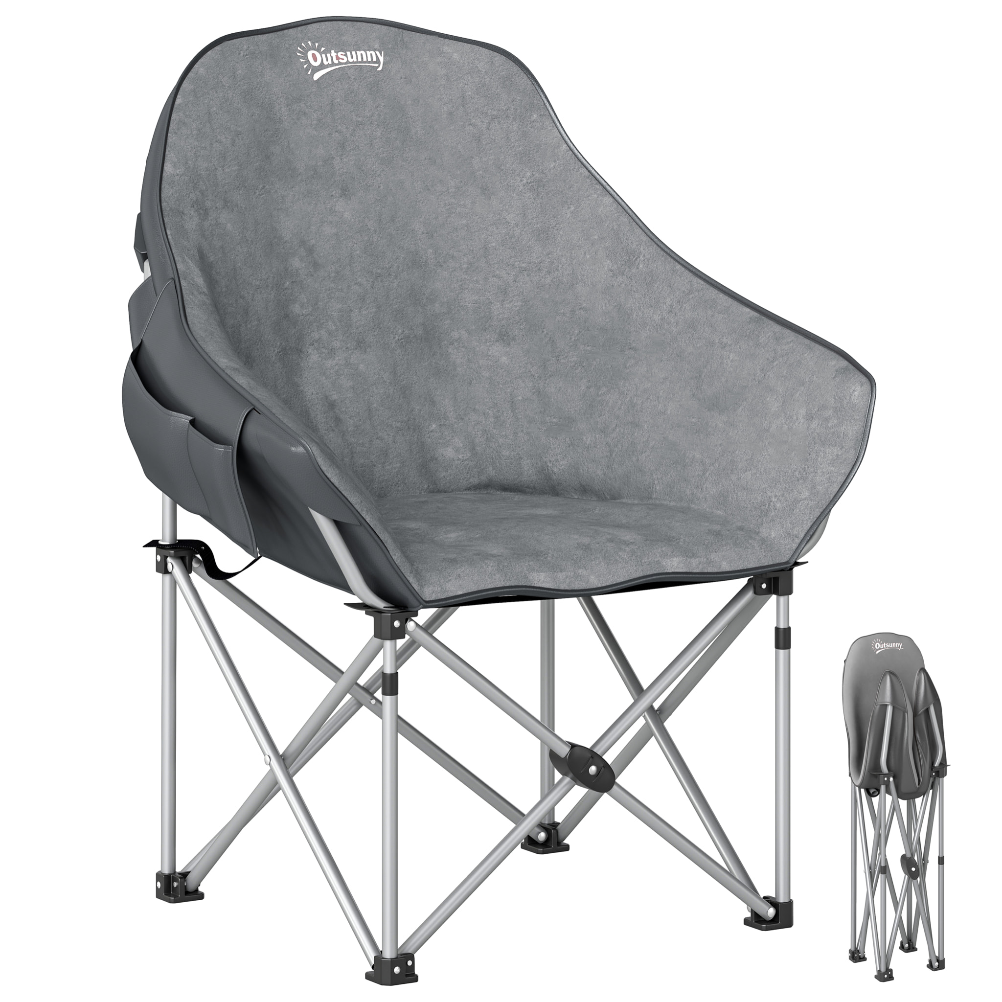 Chaise de camping pliante rembourrée revêtement toucher daim grand confort rangements sac inclus gris