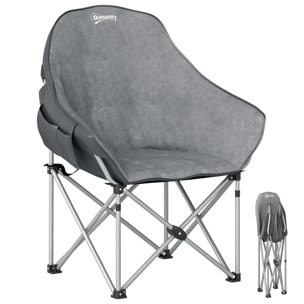 Chaise de camping pliante rembourrée revêtement toucher daim grand confort rangements sac inclus gris