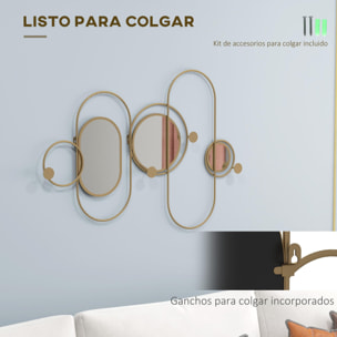 Perchero de Pared con 4 Ganchos y 3 Espejos Decorativos para Colgar Abrigos Bolsos para Pasillo Entrada 106x71 cm Dorado