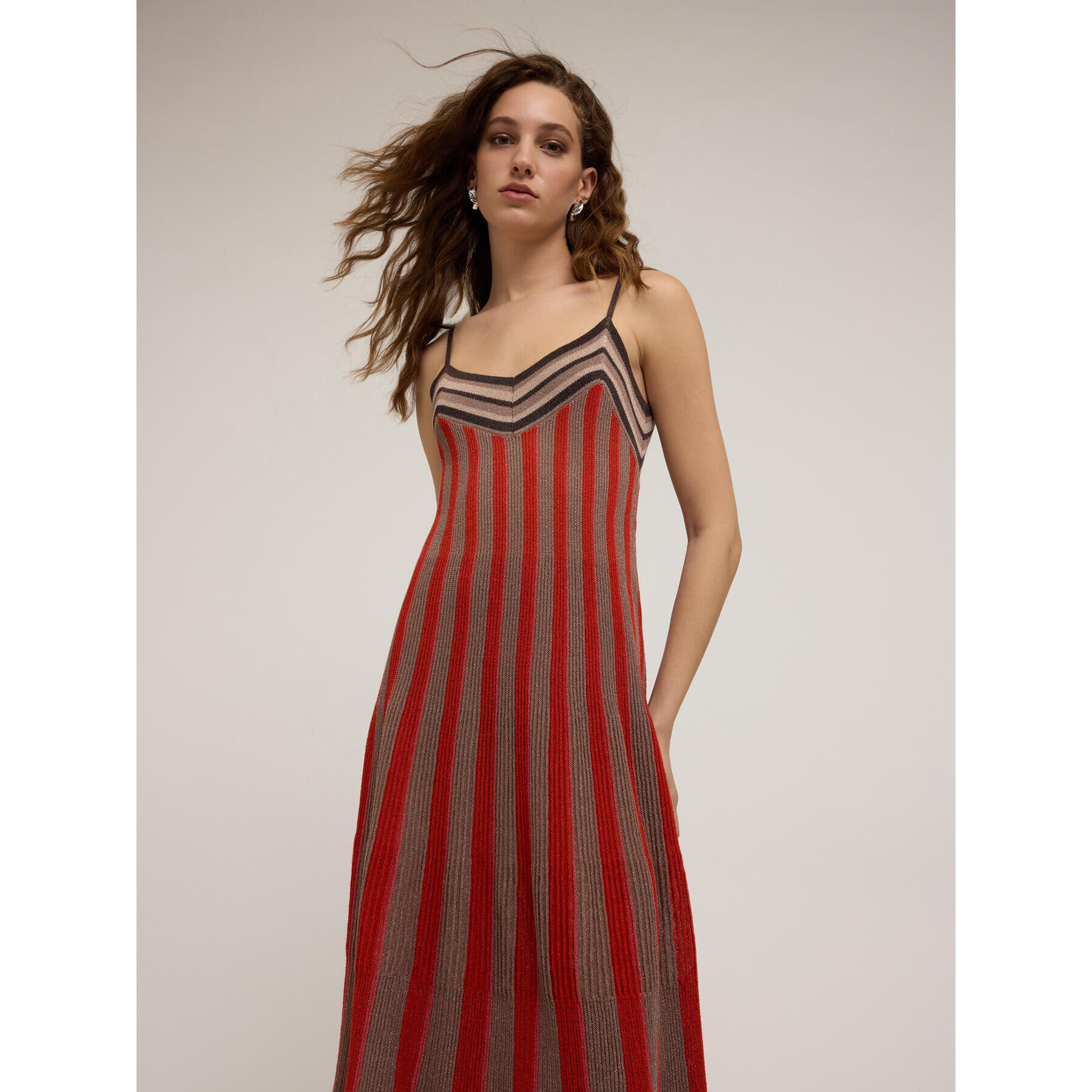 Motivi - Vestido flare en punto de lúrex a rayas - Rojo