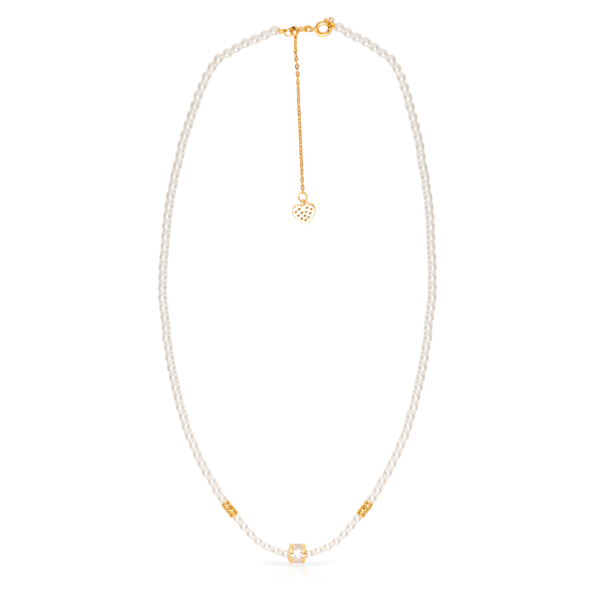 Collar de plata de ley 925 con cuentas de perla y detalles dorados con cierre de resorte.