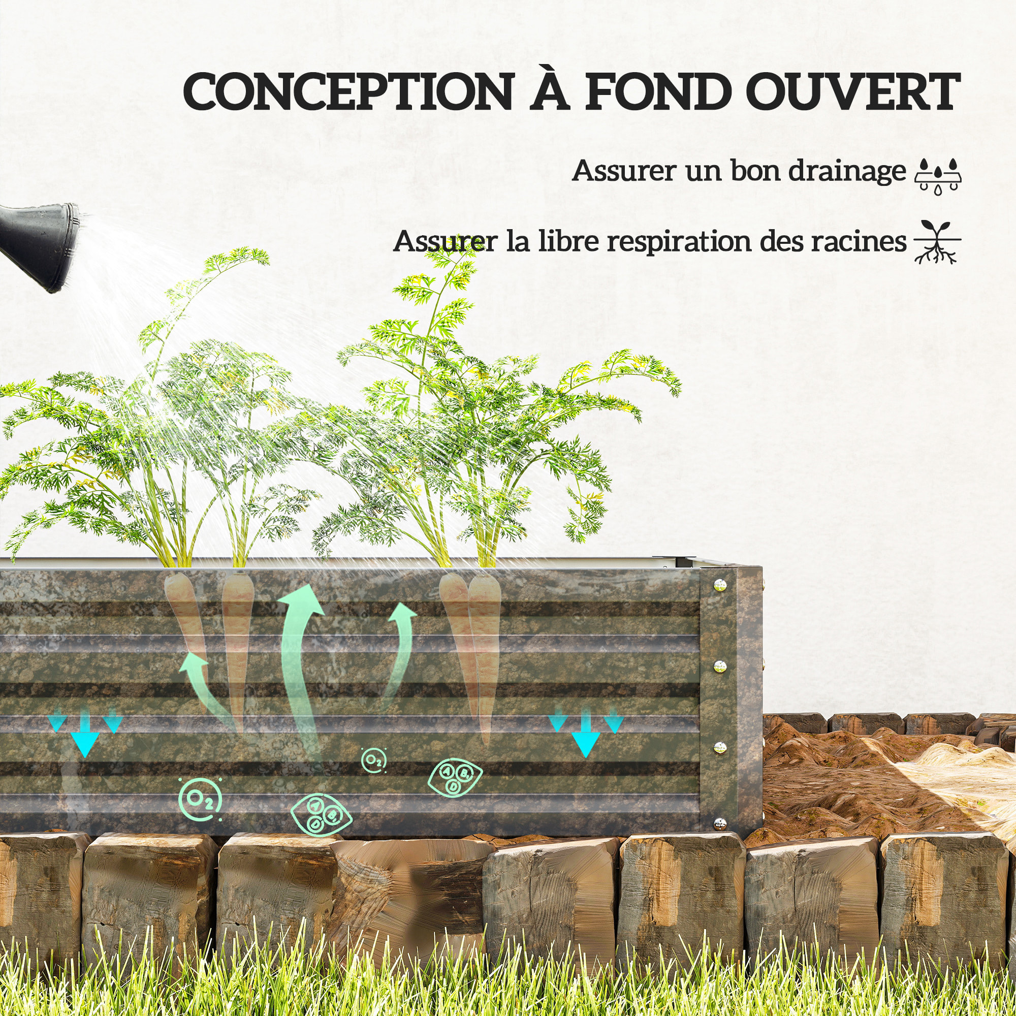 Carré potager de jardin dim. 120L x 120l x 30H cm tôle d'acier ondulée gris clair