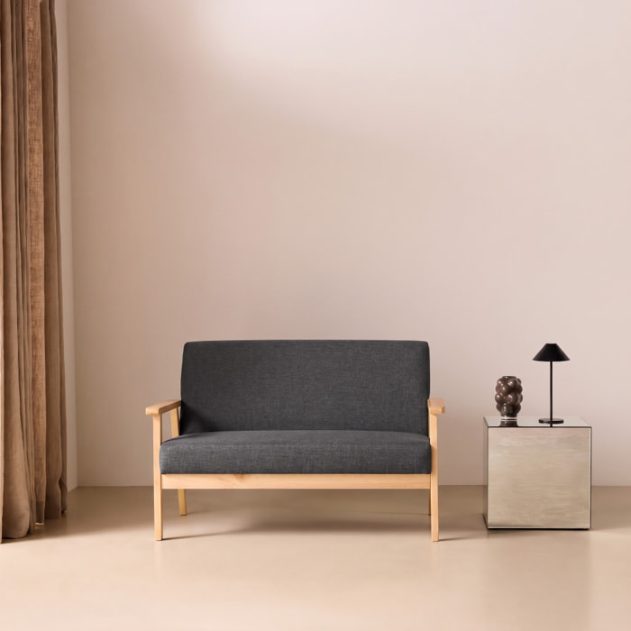 Canapé banquette 2 places bois d'hévéa tissu ISAK
