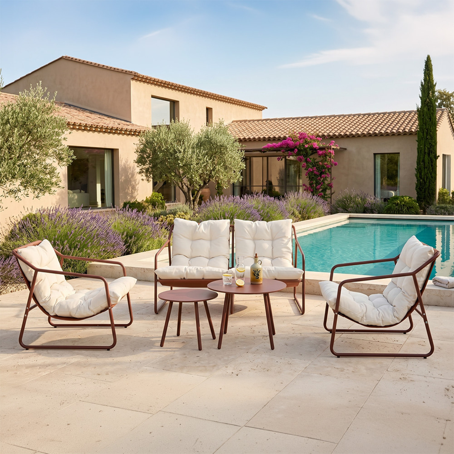 Salon de jardin 4 places terracotta et beige avec tables basses ANTHI