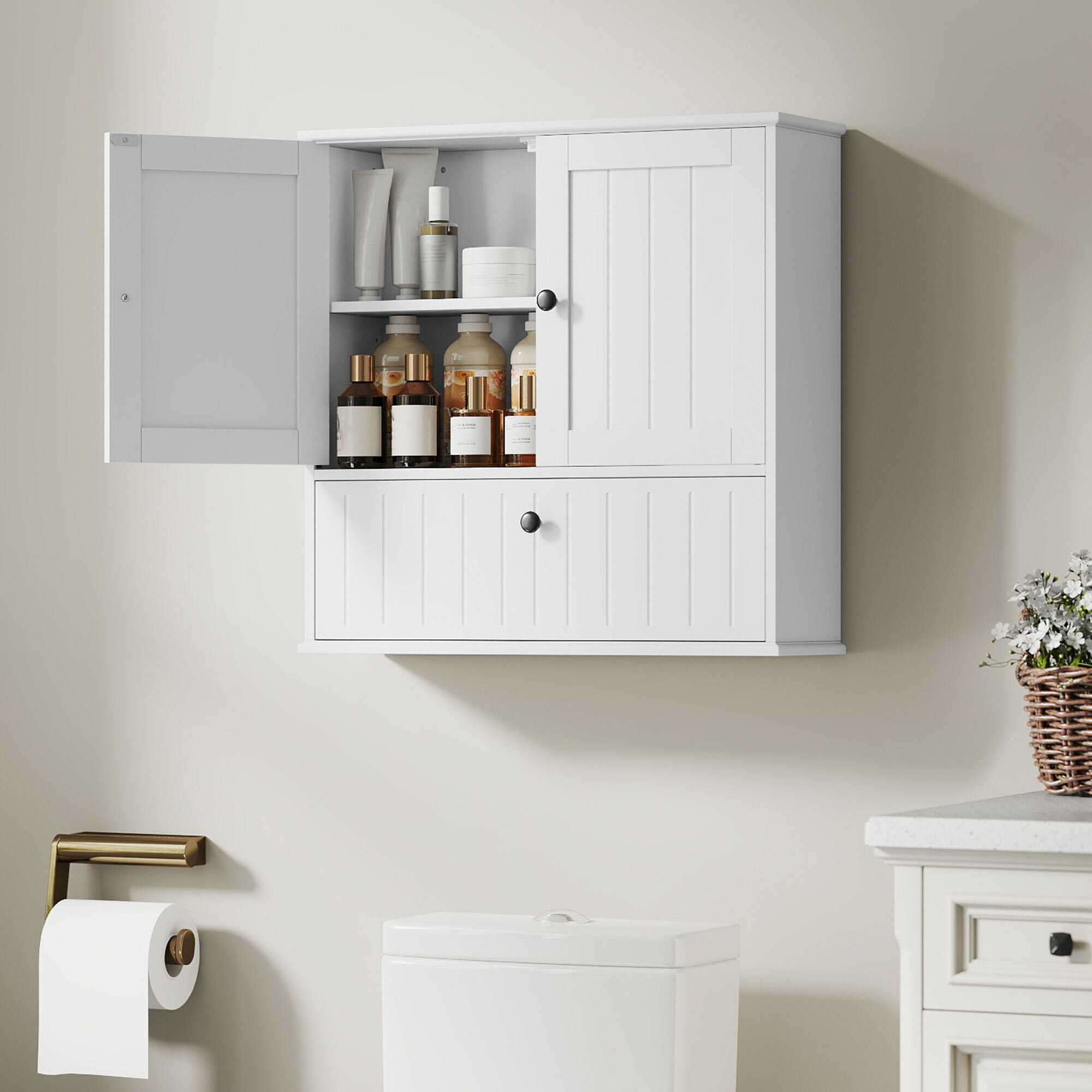 Armario de Baño de Pared, Mueble de Baño Colgar Rústico con Estante Ajustable, Doble Puerta, Puerta Abatible y Cierre Magnético, para Cocina, Lavadero, sobre el Inodoro, Blanco