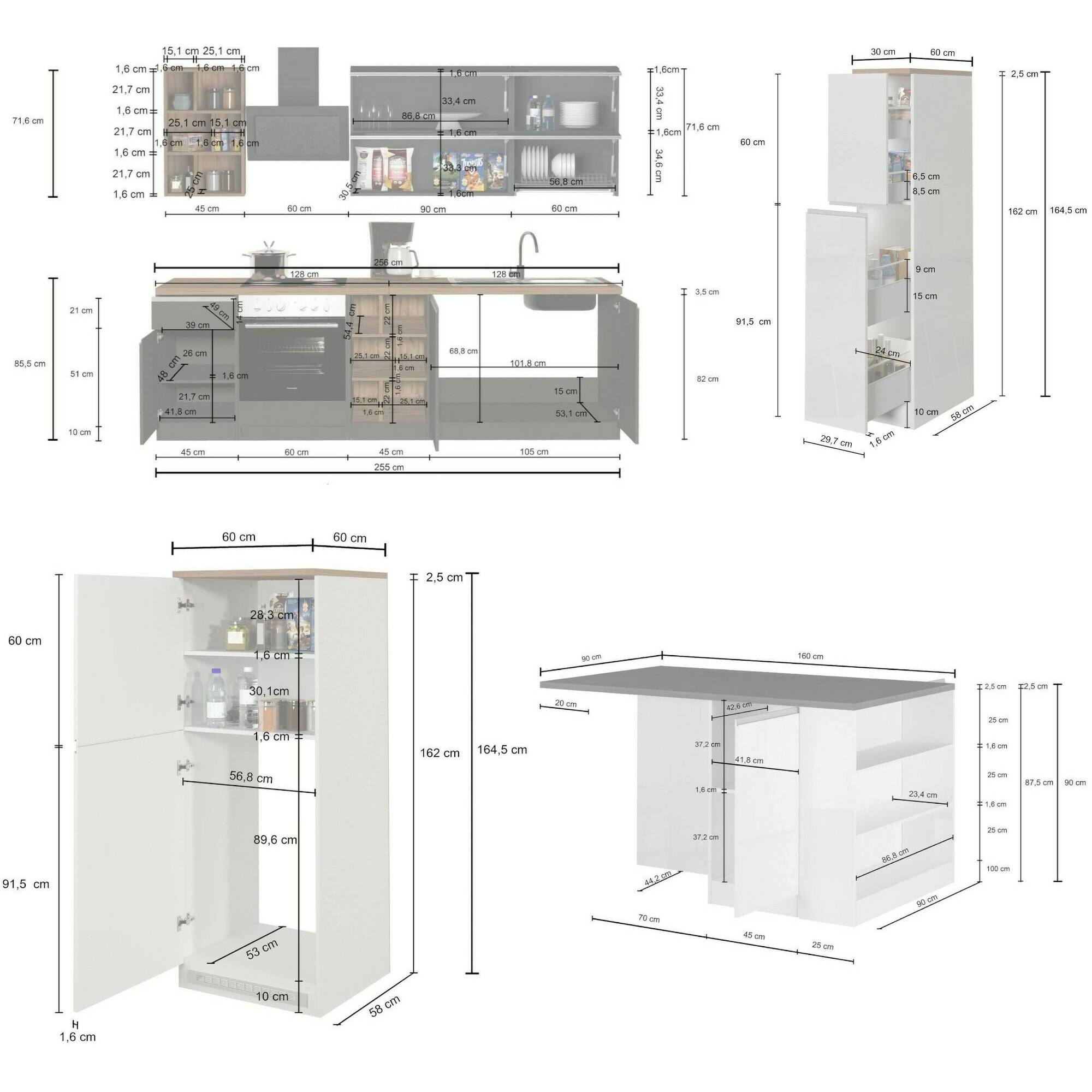 Cucina completa Dantenucc, Set da cucina modulabile, Cucina componibile con più elementi, 100% Made in Italy, Bianco lucido e Ardesia