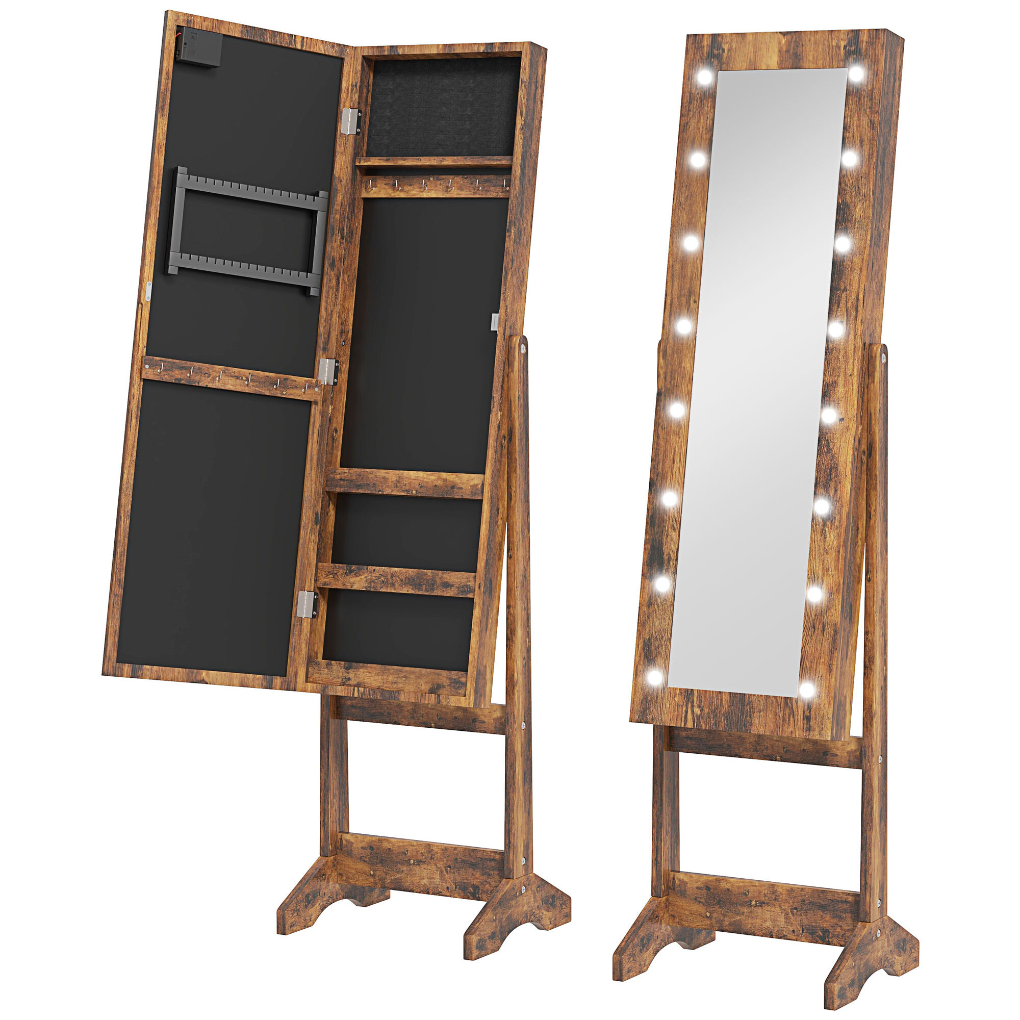 Armoire à bijoux sur pieds avec miroir multi-rangement éclairage LED effet bois vieilli