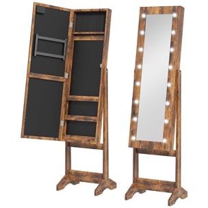Armoire à bijoux sur pieds avec miroir multi-rangement éclairage LED effet bois vieilli