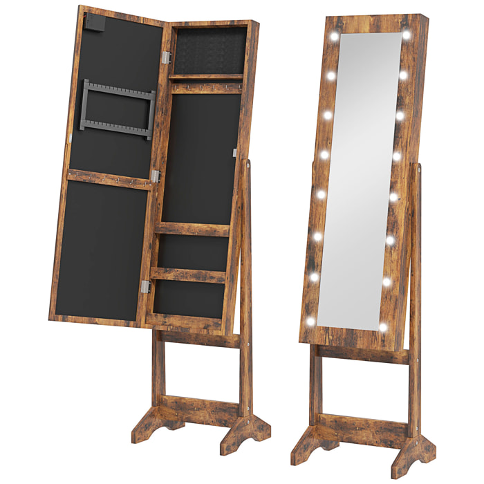 Armoire à bijoux sur pieds avec miroir multi-rangement éclairage LED effet bois vieilli