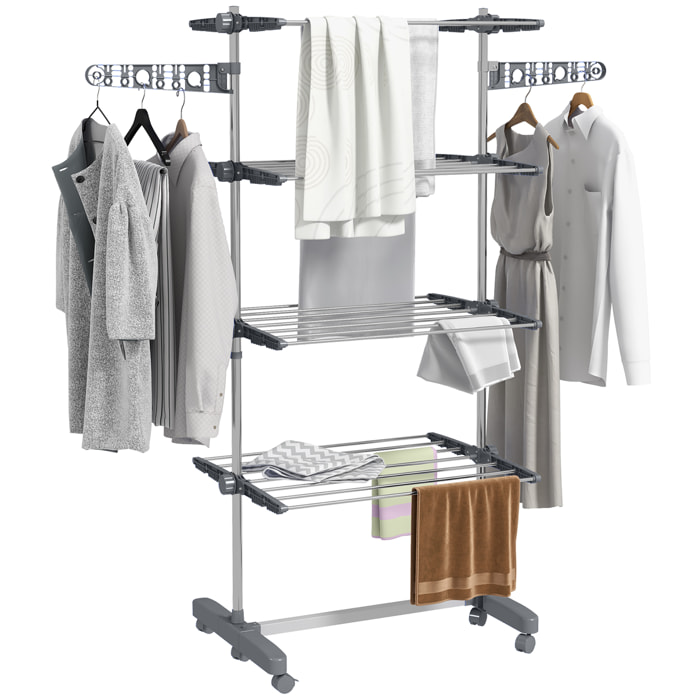 HOMCOM Tendedero Vertical Plegable Tendedero de Ropa con 6 Ruedas 2 Laterales Abatibles Estantes Ajustables y Marco de Acero Inoxidable para Interior y Exterior Gris y Plata