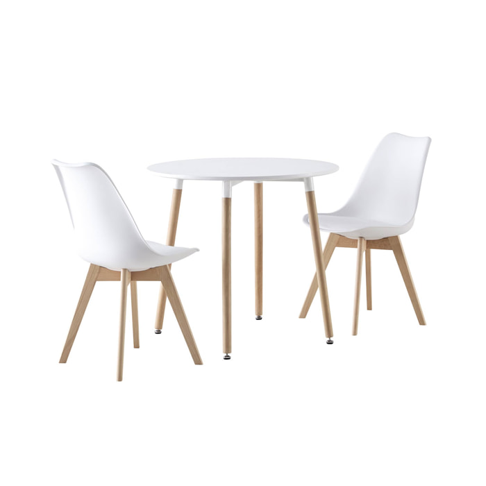 Table à manger ronde Ø80cm et 2 chaises blanches scandinaves - Hedvig