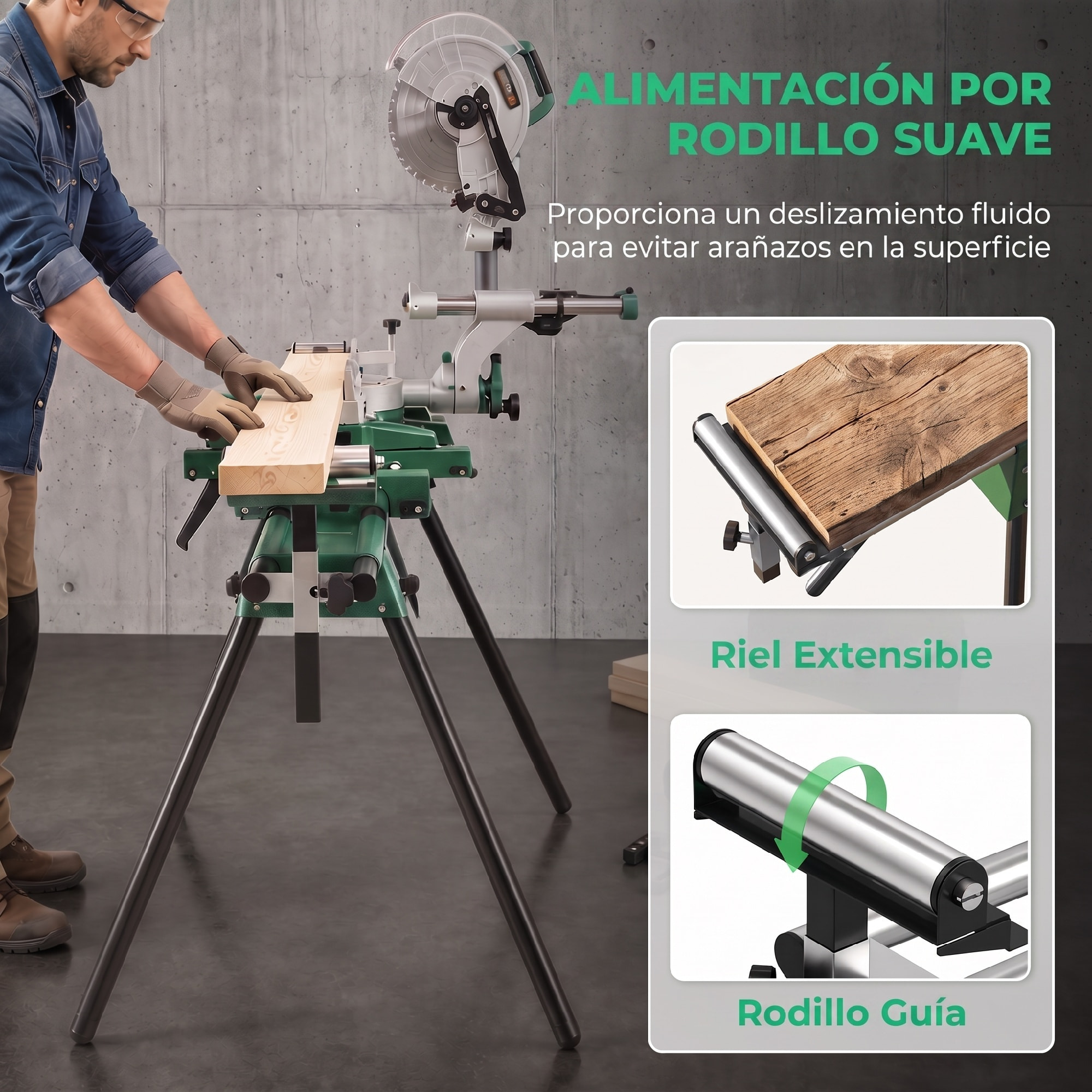 Soporte de Sierra Ingletadora Plegable, Universal con 2 Rodillos de Apoyo, Banco de Trabajo Extensible con Altura y Ancho Ajustable, Estructura Metálica Reforzada, Sistema Fijación Carga 200 kg