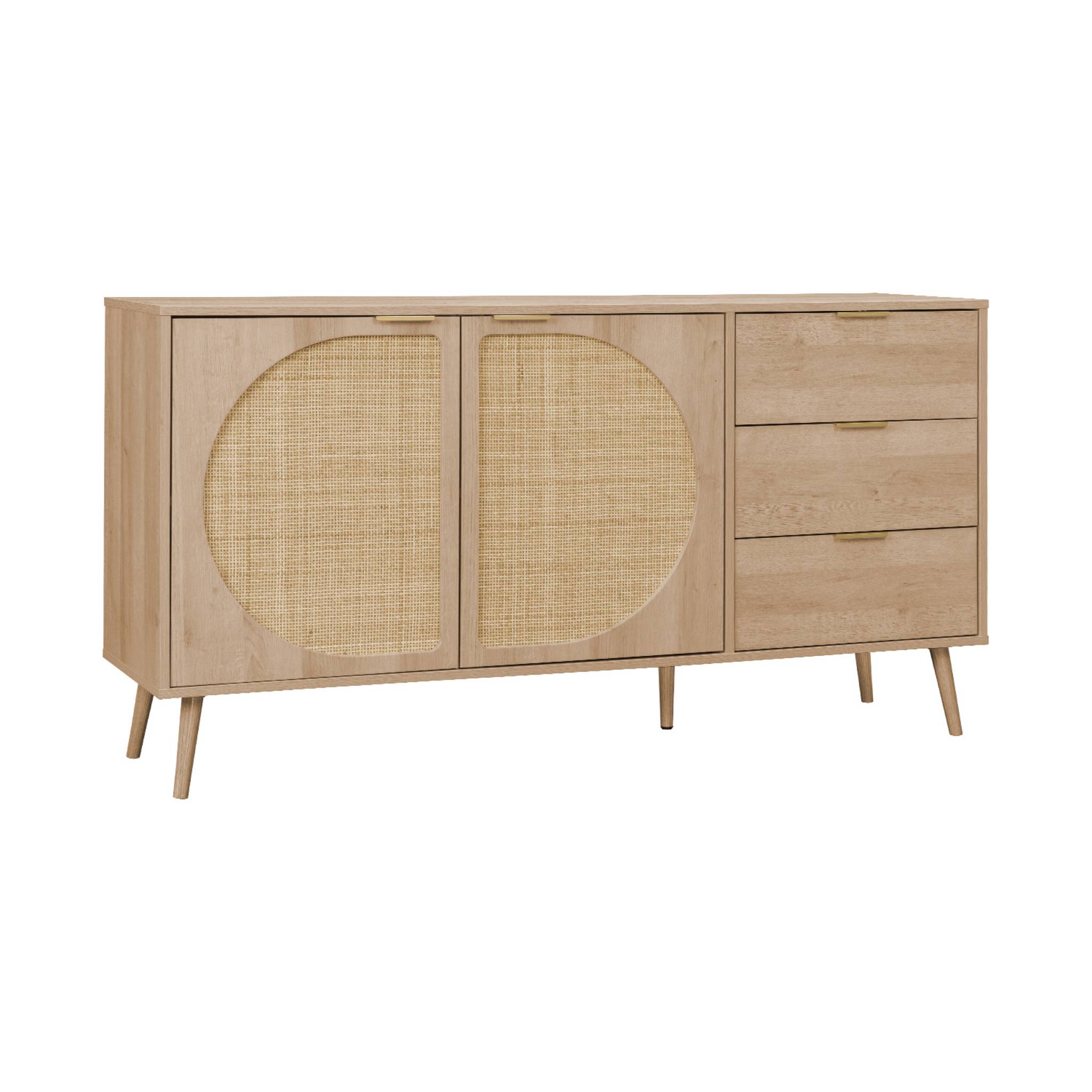 Buffet de rangement. Eva.  décor bois et cannage arrondi. 2 portes 3 tiroirs. buffet bas. L 150 x l 39 x H 79cm