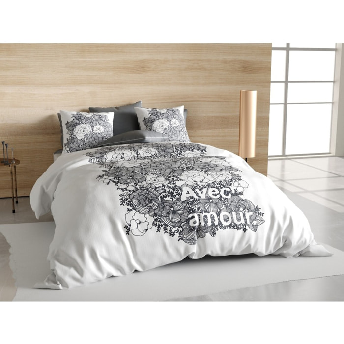 Parure De Couette 3pcs avec Taies oreiller 100% Coton Bio 47 Fils/cm2- Avec Amour