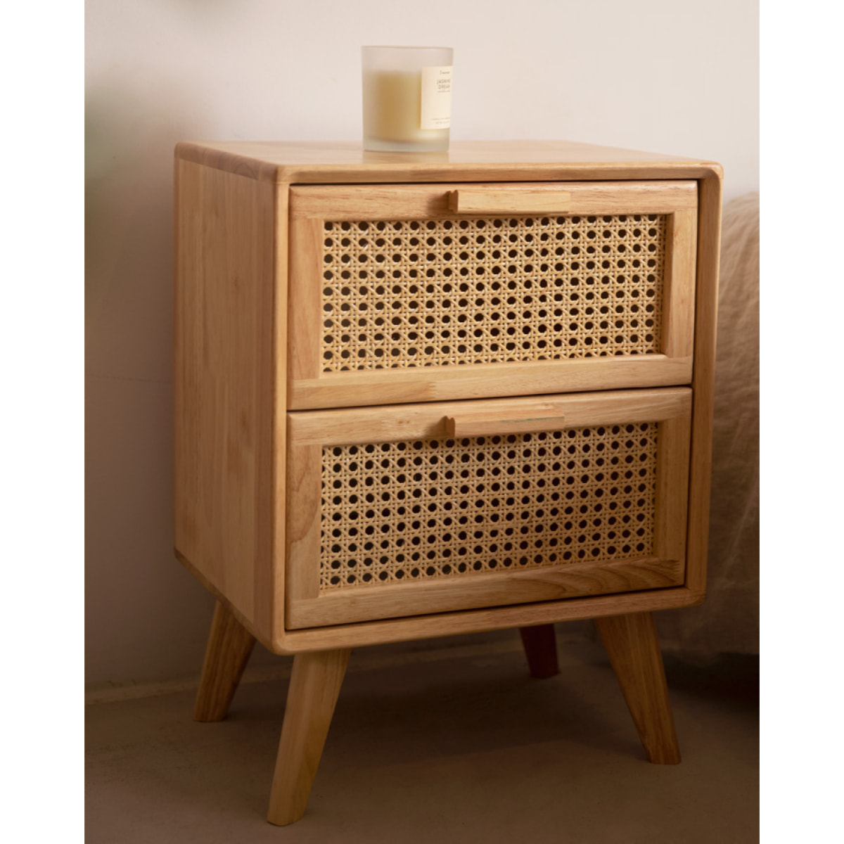 Pack tête de lit rembourrée beige et 2 tables de chevet en bois massif ton naturel en différentes tailles