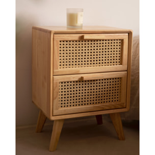 Pack tête de lit rembourrée beige et 2 tables de chevet en bois massif ton naturel en différentes tailles