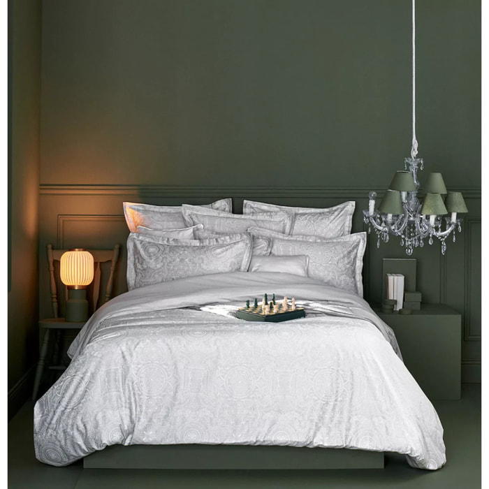 Taie d'oreiller satin de coton imprimé gris Nuits perses argent