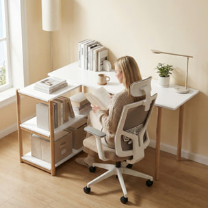 HOMCOM Escritorio Esquinero Plegable, 150 cm, Escritorio en L Moderno con Estantes de Almacenamiento y Marco de Bambú, Montaje Fácil, para Oficina en Casa, Dormitorio, Estudio, Blanco