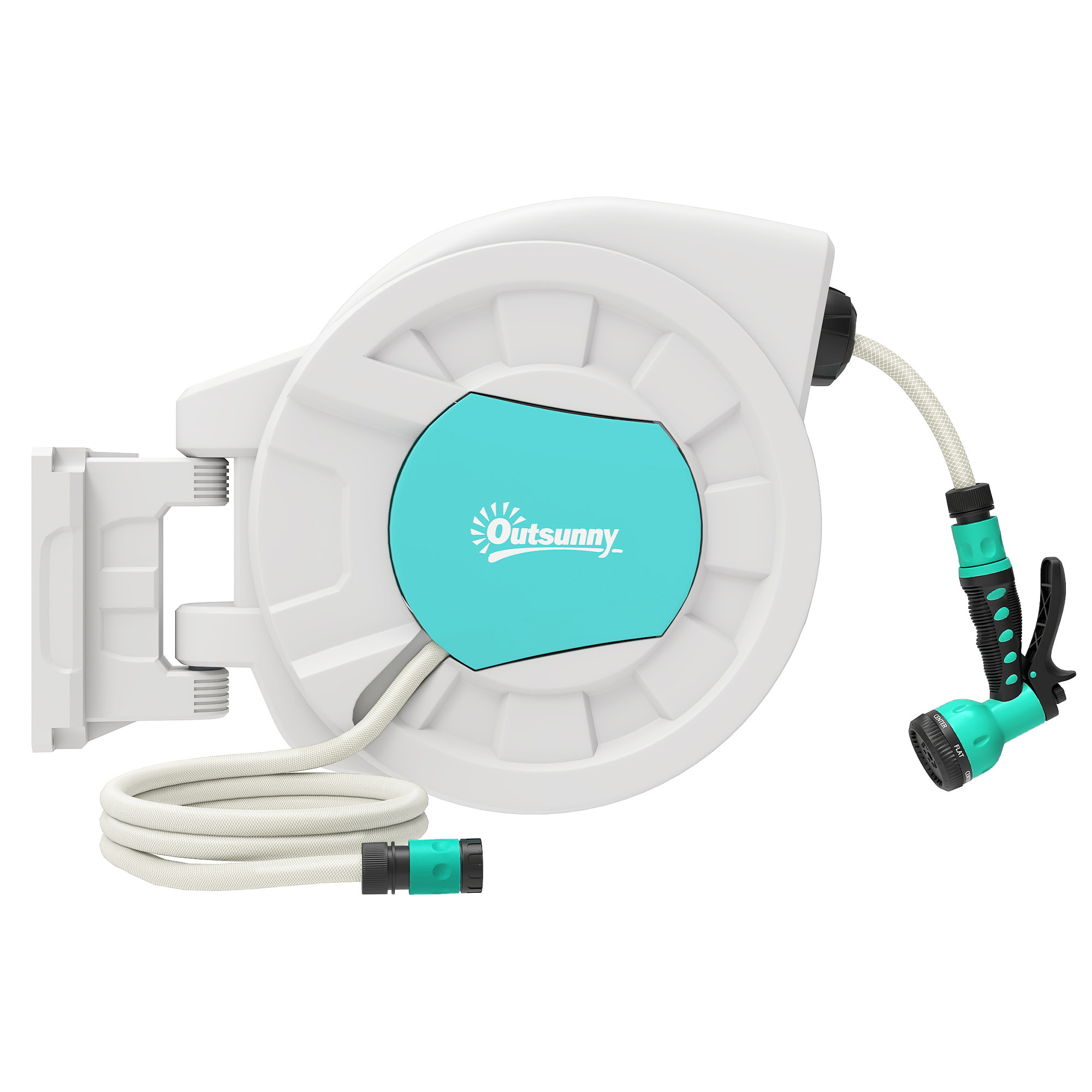 Dévidoir mural enrouleur automatique pivotant 180° tuyau 35 + 2 m avec lance arrosage 7 modes support mural intégré gris clair bleu