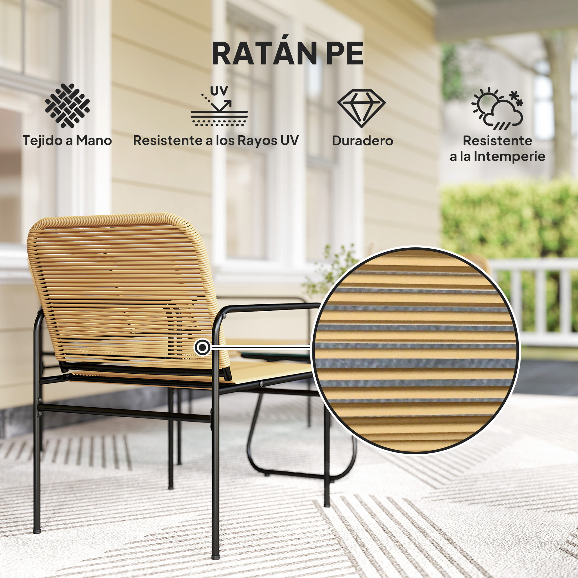 Conjunto Jardín Exterior de Ratán Conjunto Terraza Resistente a la Intemperie Muebles Jardín Exterior con 2 Sillones Sofá de 2 Plazas y Mesa de Tablero de Vidrio Templado Natural