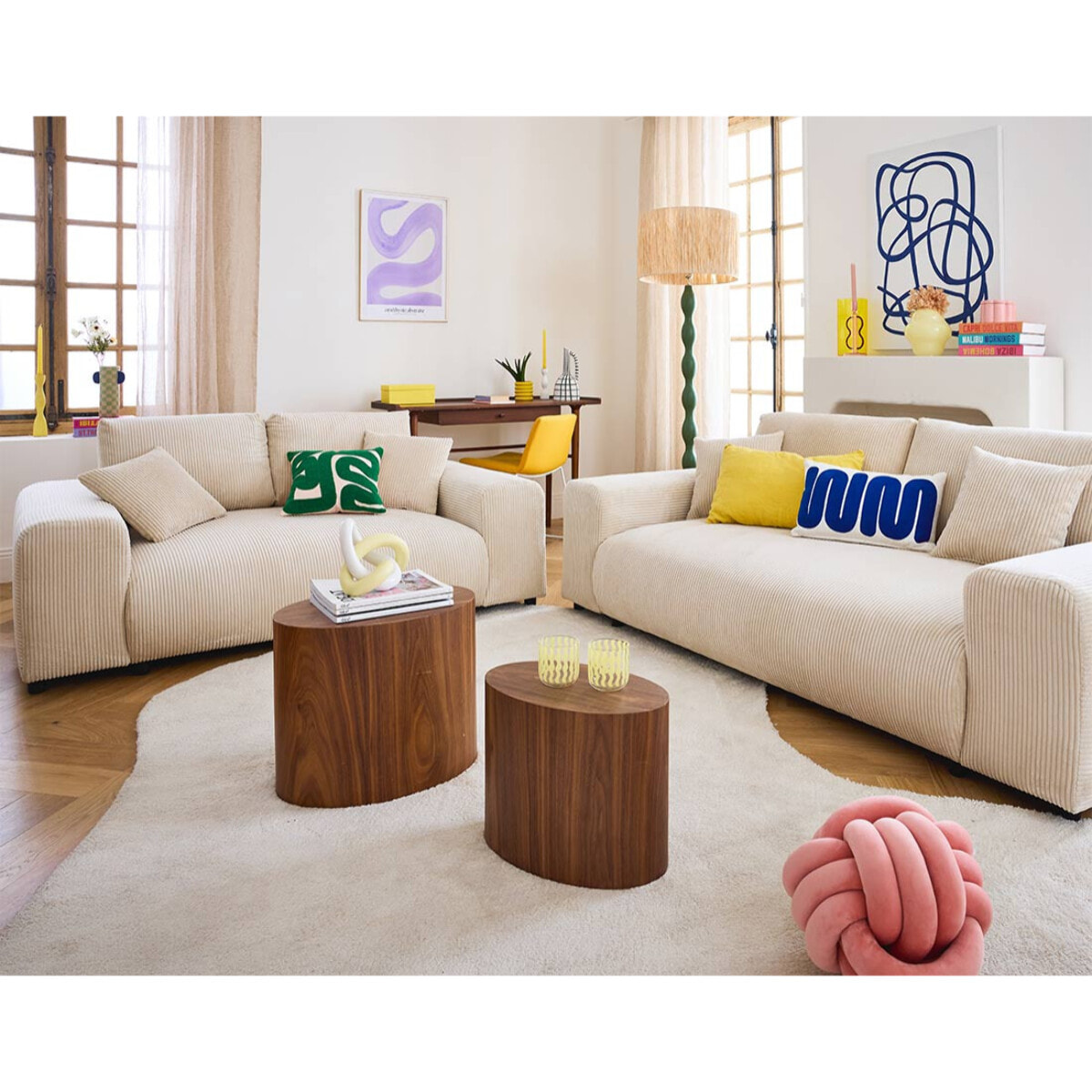 Garance - canapé droit 3 places - en velours côtelé - Beige