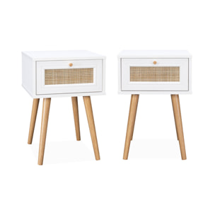 Lot de 2 tables de chevet effet bois blanc et cannage avec 1 tiroir