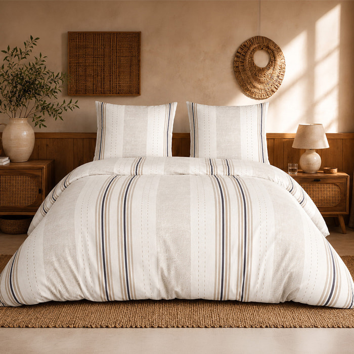 Parure housse de couette 100% percale de coton rayures verticales beige - TRANDY