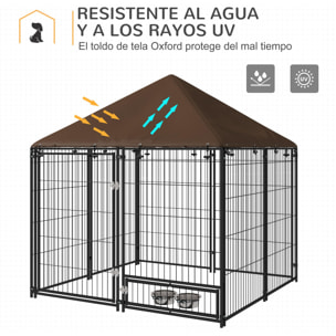 Perrera con Toldo Parque para Perros Metálica de Exterior con Soporte Giratorio para Comida 2 Cuencos para Patio Jardín Terraza 141x141x151 cm Negro