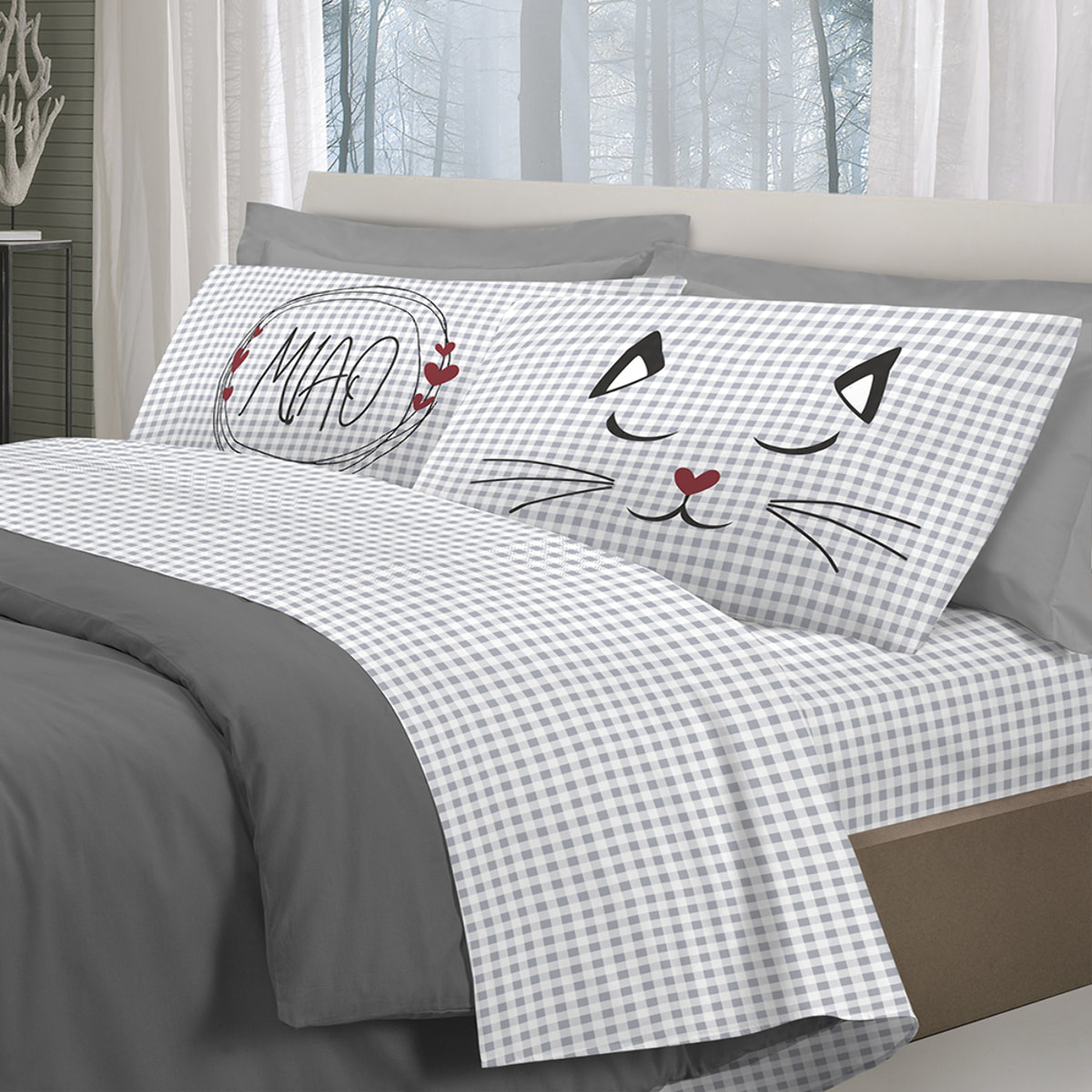 Completo letto miao grigio 100% cotone