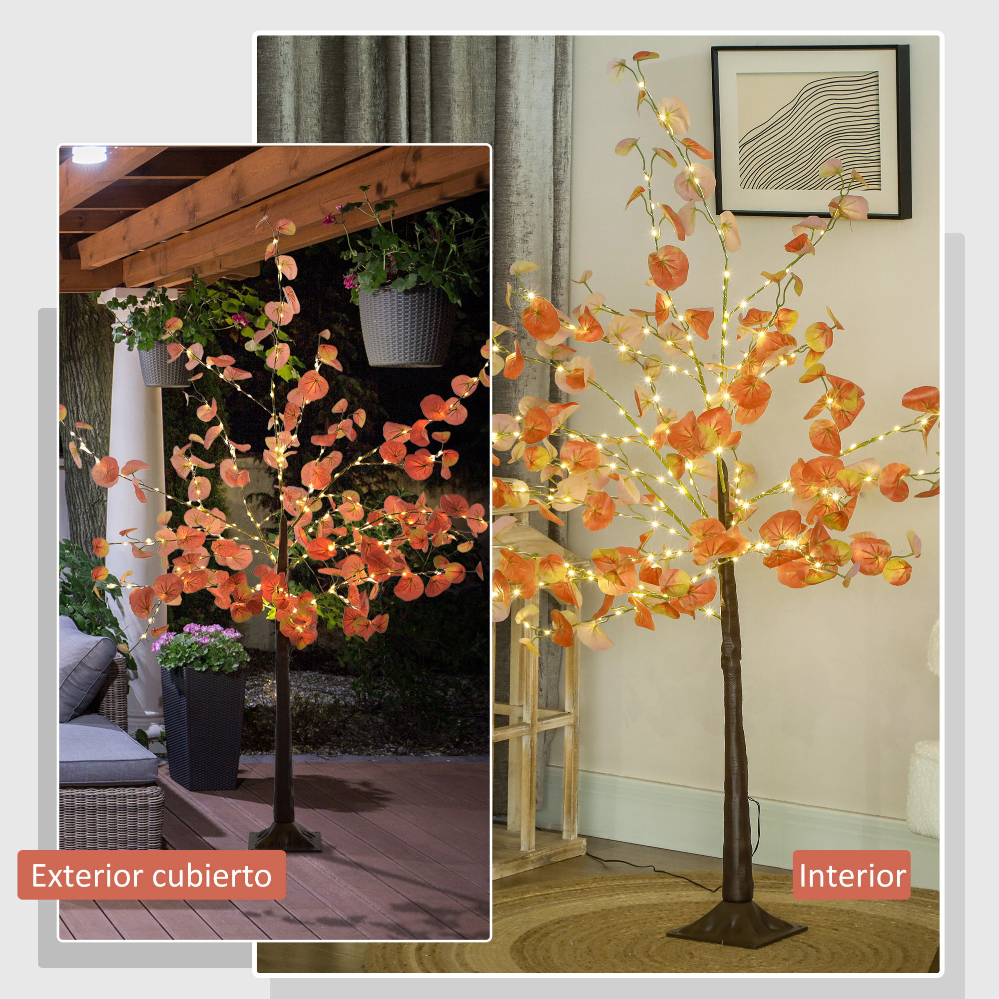 Árbol de Eucalipto Otoñal Artificial 150 cm Lámpara de Árbol con 245 Luces LED y Base Decoración Navidad para Interiores y Exteriores Naranja