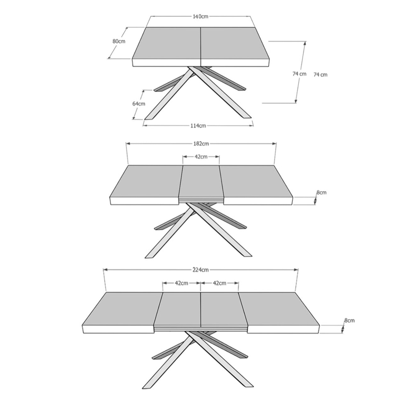 Mesa extensible 80x140/224 cm Karida cemento patas blanca