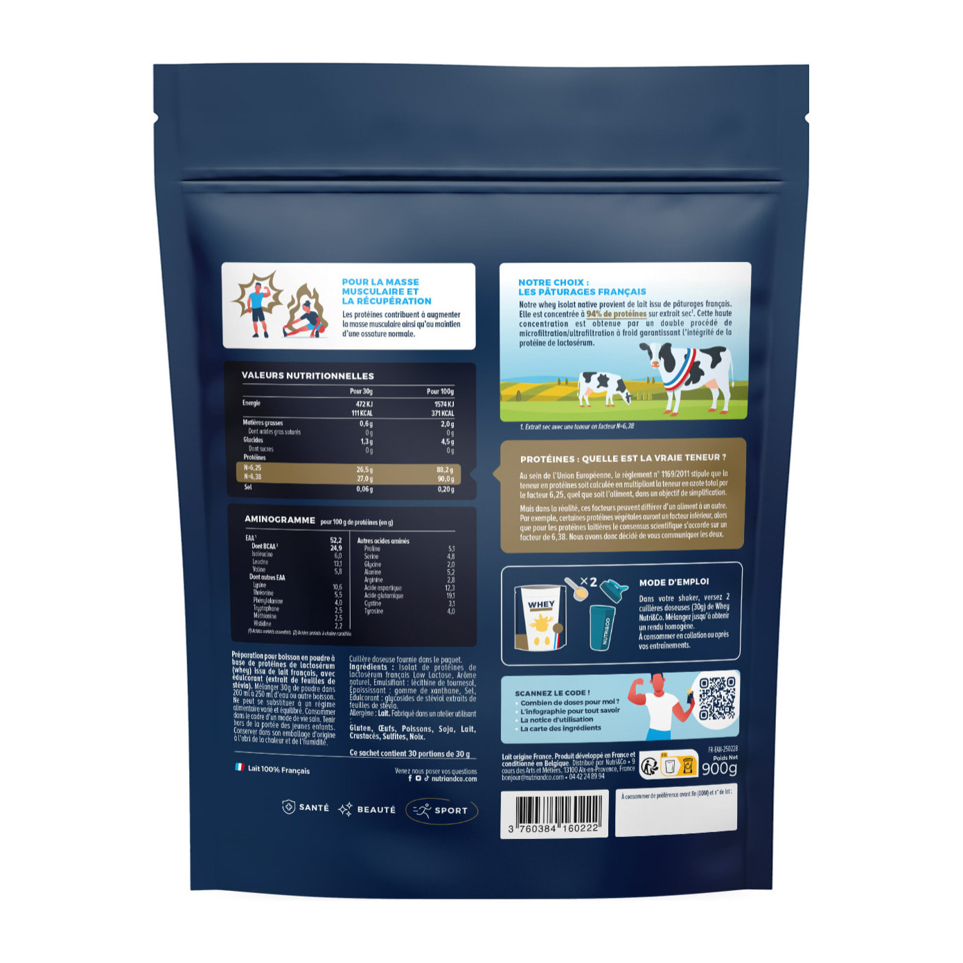 Nutri&Co Protéines Whey Isolat Native 94% en poudre - 900gr Goût Vanille