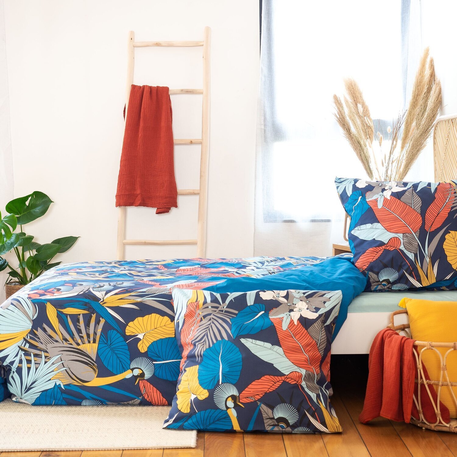 Parure housse de couette satin de coton bleu