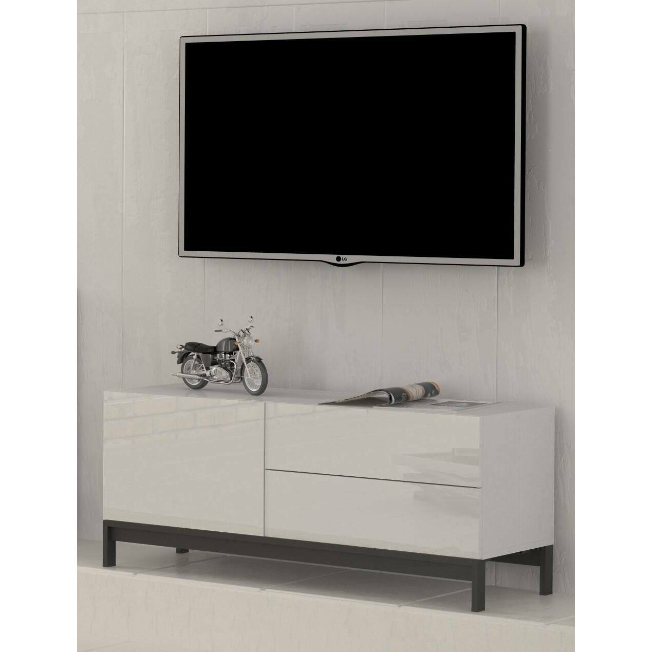 Mobile da soggiorno Porta TV, Made in Italy, Supporto per TV da salotto rialzato, 1 anta e cassetti, cm 110x40h47, colore Bianco lucido