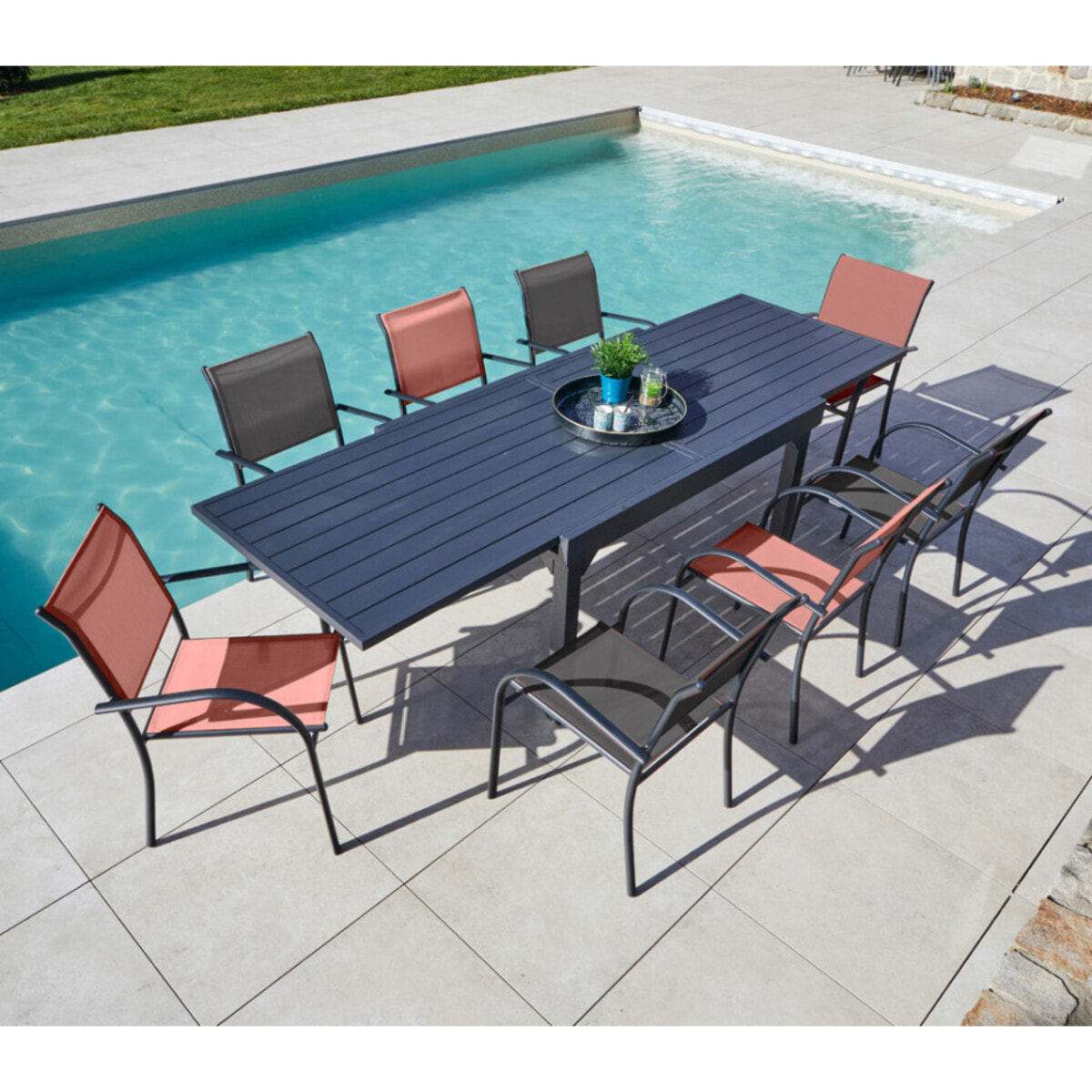 Ensemble table et chaises de jardin  - gris anthracite et terracotta - HONFLEUR XL BEZIERS