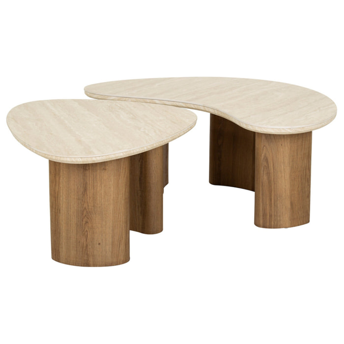 Mohea - lot de 2 tables basses gigognes - effet travertin et bois - 88 et 65 cm - Bois / Blanc