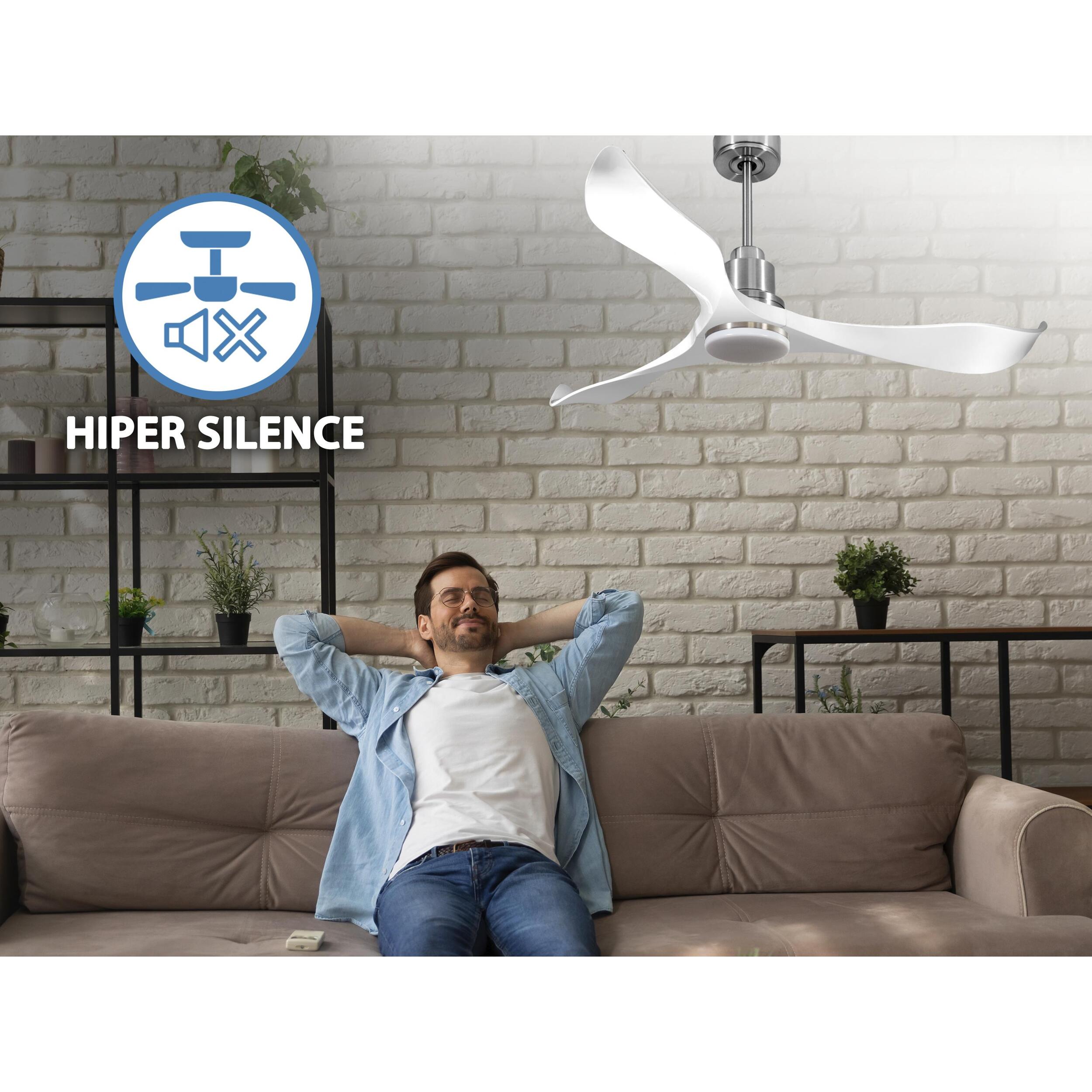 Ventilador de techo Reversible Termostato Dimable Wifi Motor DC Techos Inclinados Mando a Distancia Luz tres tonos Adaptador 2/3 Aspas Hypersilence Memoria VirginD132C04LED67069 PURLINE